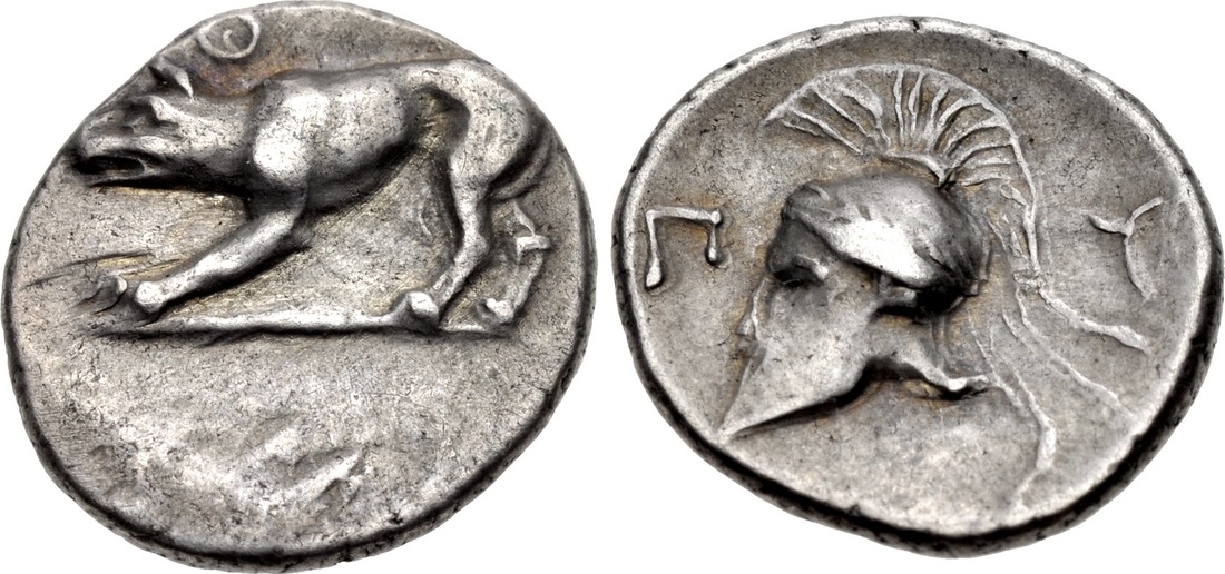 Silver obol from Argos, with wolf and Corinthian helmetmet