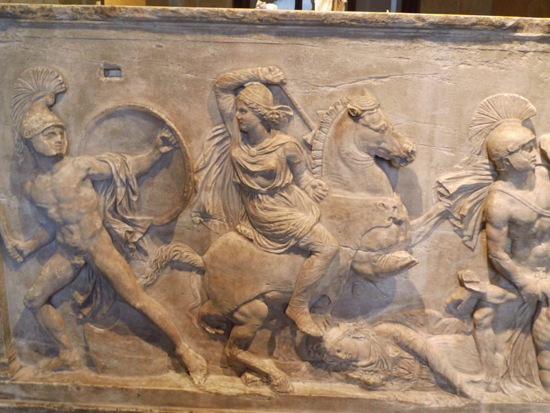Amazons on horseback fighting Greek hoplited. From Cyprus, c.320 BCE (Kunsthist. Mus. Wien, photo: R.H.)