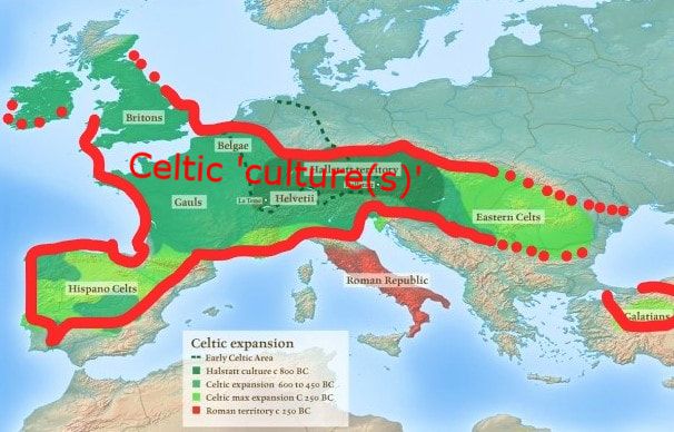 Map. A pan-European culture prior to the Roman conquest. General map showing the area considered 'Celtic'. The main areas of occupation are in modern-day France, Germany, Austria, Switzerland, Spain, Portuga, North Italy, Hungary as well as the Galatians in Asia Minor (Turkey) and at least parts of the British Isles. Please ignore the infrmation on this map regarding 'Celtic expansion'... a topic we need to talk about more critically!