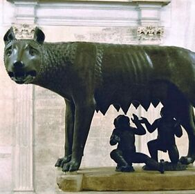 wolf myth Romulus lupa Rom The she-wolf who is nourishing Romulus and Remus as symbol of the Roman state