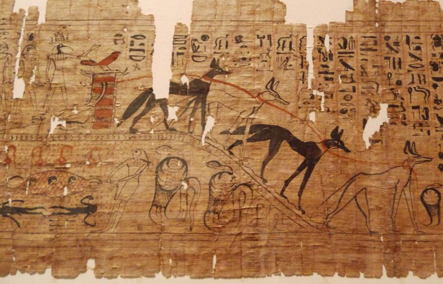 Solar boat pulled by four WOLVES (not jackals -see above). Funerary papryus of Djehutymes, Cyberus papyrus, 21st dynast (c. 1000BC), Thebes