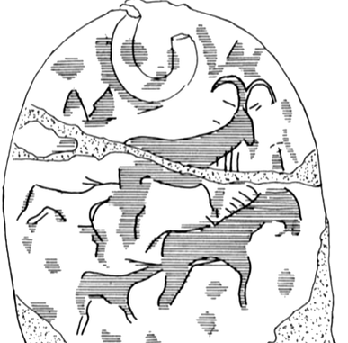 Possble lycaon pictus hunting sheep? This could be a pre-dynastic Egyptian representation of the particular way how the painted wolves are hunting by disembowelment  (from Henricks [2020], fig. 20; McHugh 1990, fig. 5 . Toronto ROM 900.2.45)