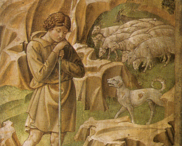 Wolf Livestock Sheep. The Shepherd and his Dog are protecting the flock of sheep: 15th century fresco by Benozzo Gozzol (Palazzo Medici Riccardi, Florence/Firenze). // Der Schäfer mit seinem Hütehund beschützen die Schafe