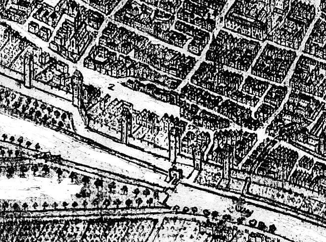 Worms, Fischmarkt, Stadtansicht Hamann 1689