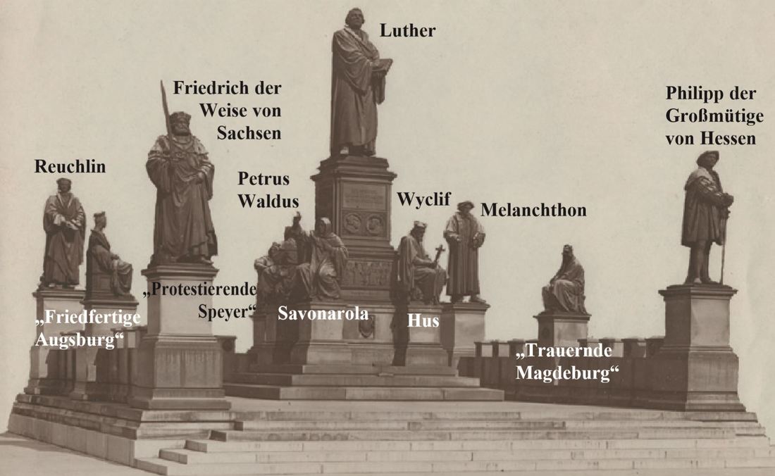 Lutherdenkmal: Martin Luther, Hus, Wyclif, Waldus, Savonarola, Reformation, Worms am Rhein, Reichstag 1521