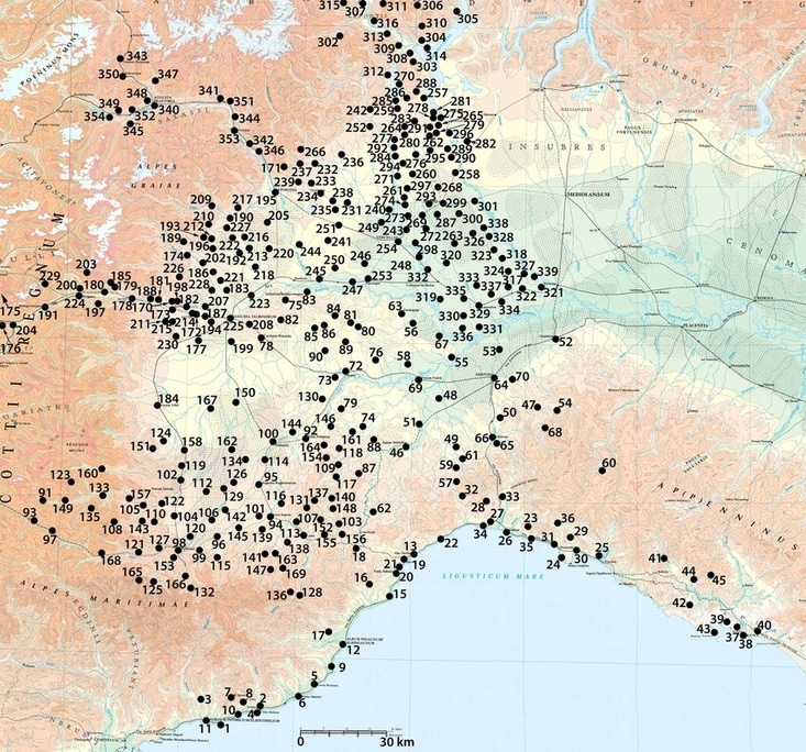 Map archaeological sites, North-west Italy, Cisalpine Gaul, Piemonte, Liguria