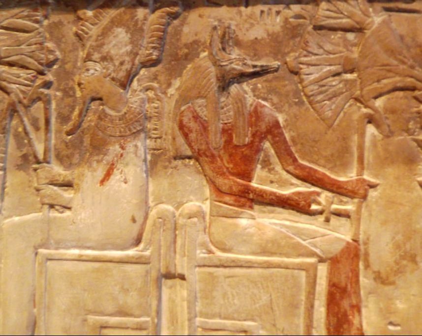 Osiris and Wepwawet. Stele of Meri-ptah. ca. 1410 - 1372 BC. Abydos? (Kunsthist. Museum, Wien, photo: R.H. 2017)