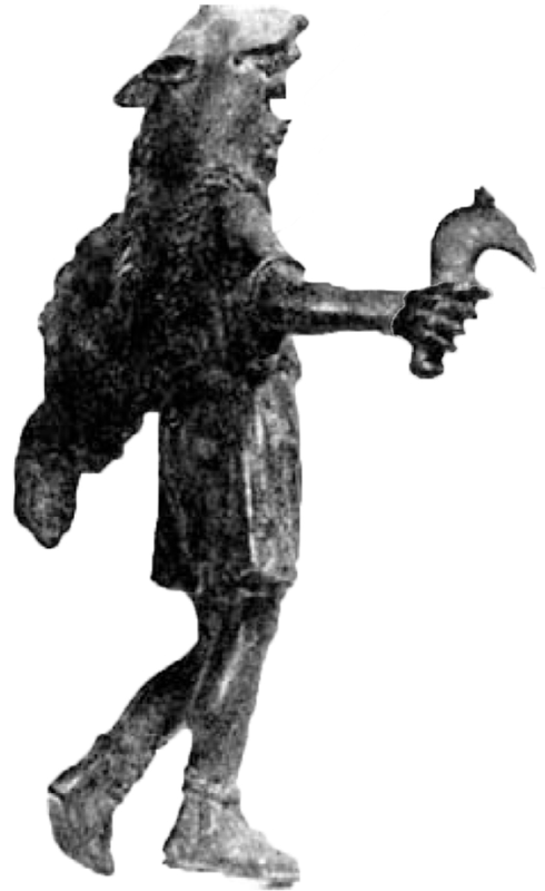 bronze statuette of Celtic god, wolf skin, mallet