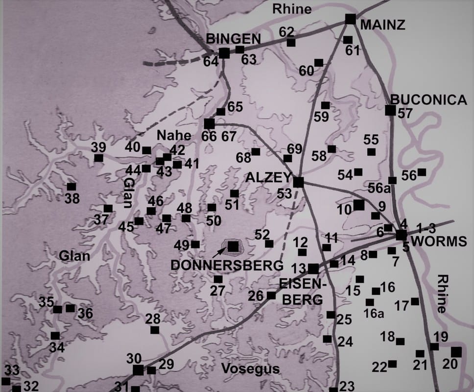 Map of Cult Places, Civitas Vangionum, Worms, Kultstätten, Rheinhessen, lieux de culte, romain